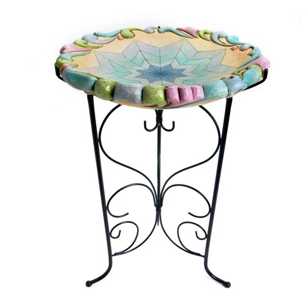 Jim Shore Quilt Star Bird Bath With Wire Stand #4016372 Enesco 2009